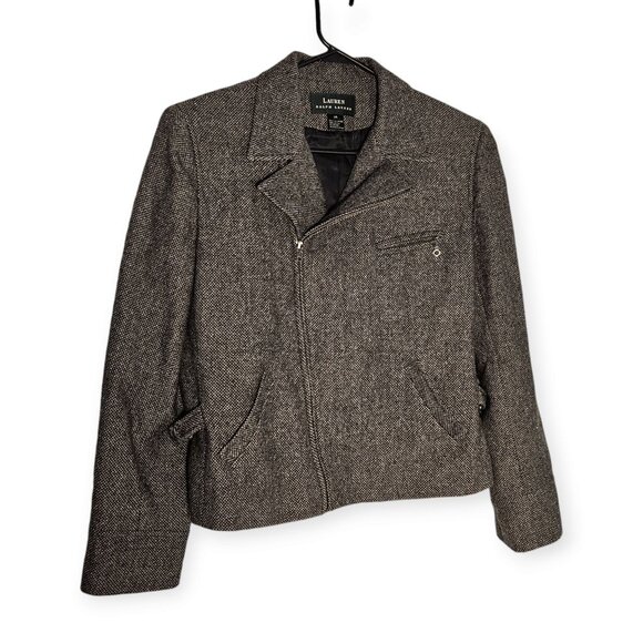 Lauren Ralph Lauren Womens Brown100% Wool Moto Cut Tweed Blazer Size 14 - Picture 1 of 7